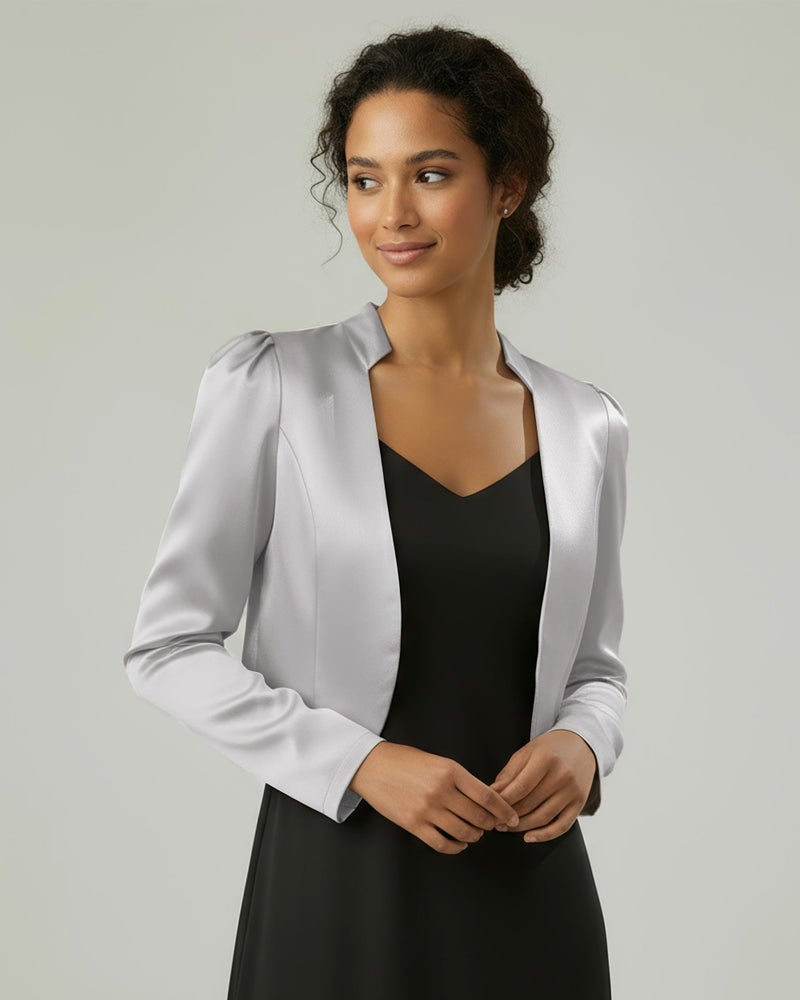 BOLEROSE Formal Long Sleeve Satin Bolero Shrug Occasion Jacket (Silver, US 10) - Image 2